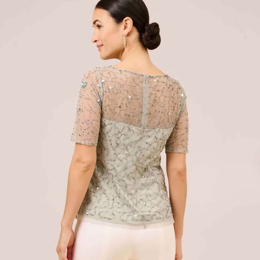 Adrianna Papell HAND-BEADED 3D FLORAL ILLUSION TOP IN FROSTED SAGE